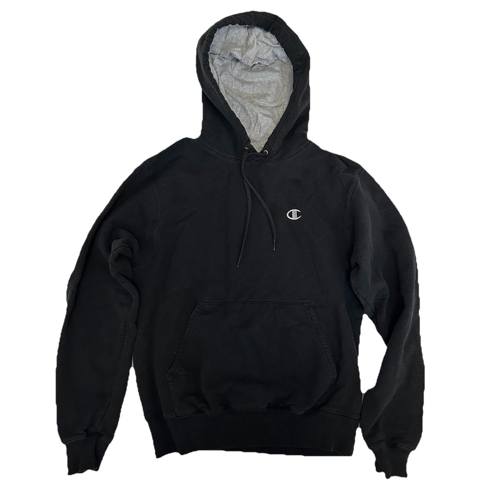 Plain black Champion hoodie‎ embroidered logo small cut on neckline Sz Small